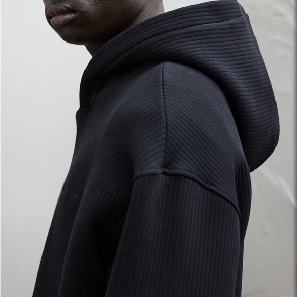 H&M Loose Fit Black Ribbed Hoodie Sweatshirt Soho Heights Logo Size M - Picture 14 of 14